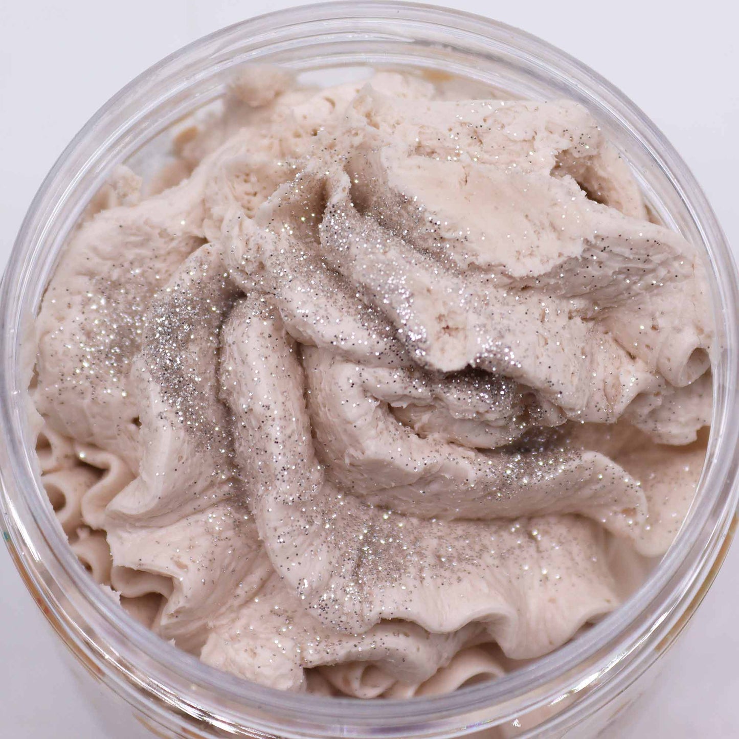 Handcrafted Vegan-Friendly Whipped Soap - Warm Gingerbread - 120g, close-up of beige piped swirls with glitter, by Quintessential Holistic Health Ltd