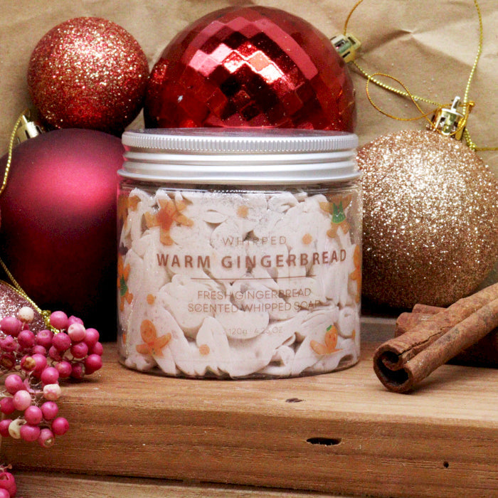 Handcrafted Vegan-Friendly Whipped Soap - Warm Gingerbread - 120g, lidded jar displayed with baubles, berries and cinnamon sticks, by Quintessential Holistic Health Ltd