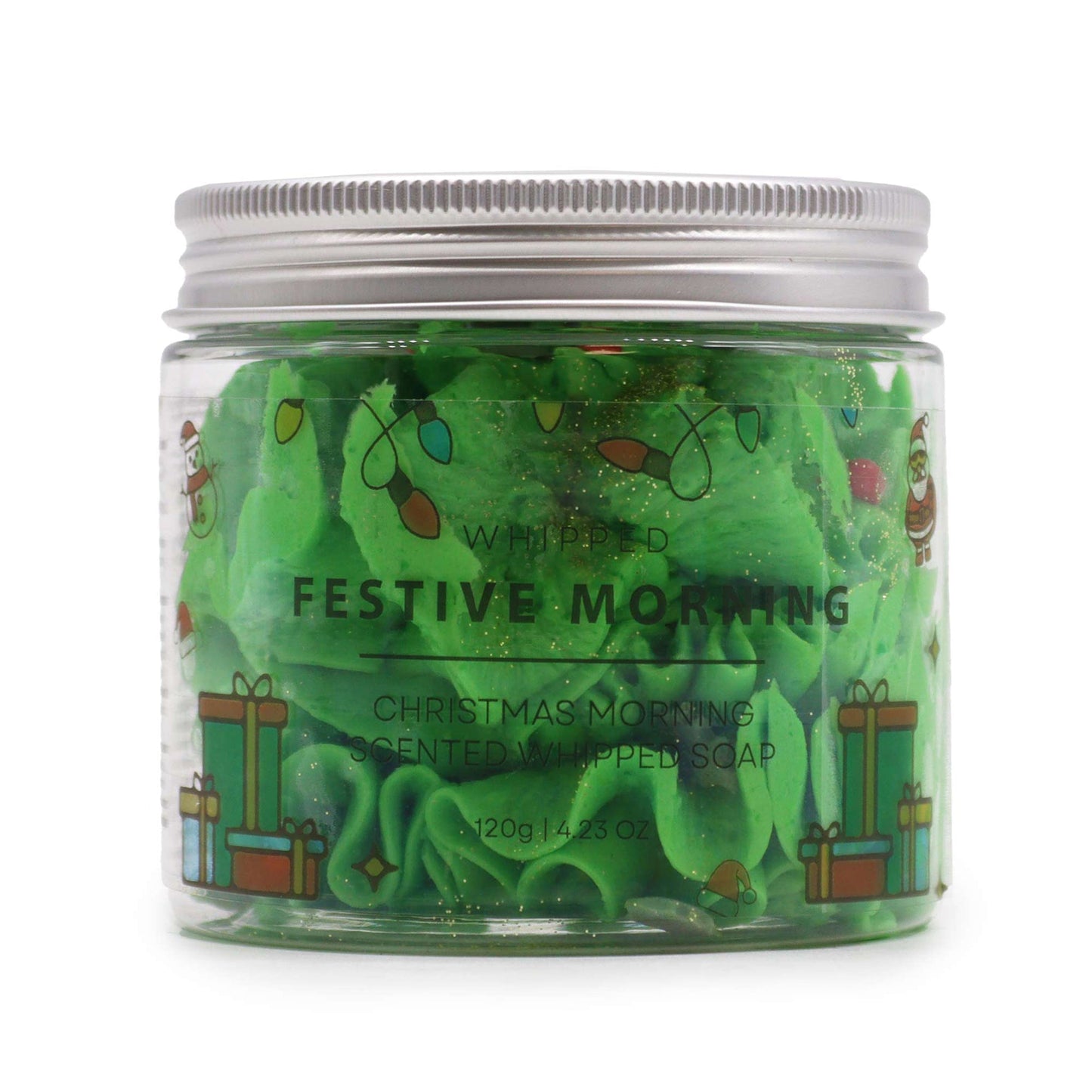 Handcrafted Vegan Friendly Whipped Soap - Festive Morning, closed clear jar showing bright green swirls by Quintessential Holistic Health Ltd
