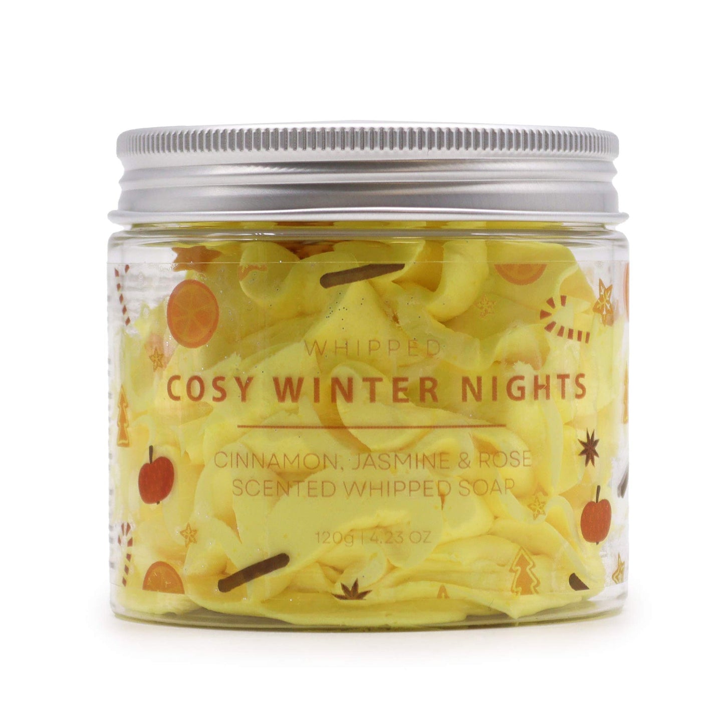 Handcrafted Vegan Friendly Whipped Soap - Cosy Winter Nights in a clear labelled jar with silver lid and yellow swirls by Quintessential Holistic Health Ltd