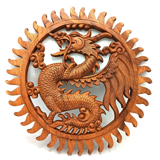 Sun Dragon - 40cm - Handmade Decorative Suar Wooden Plaque - main product image from Quintessential Holistic Health Ltd UK