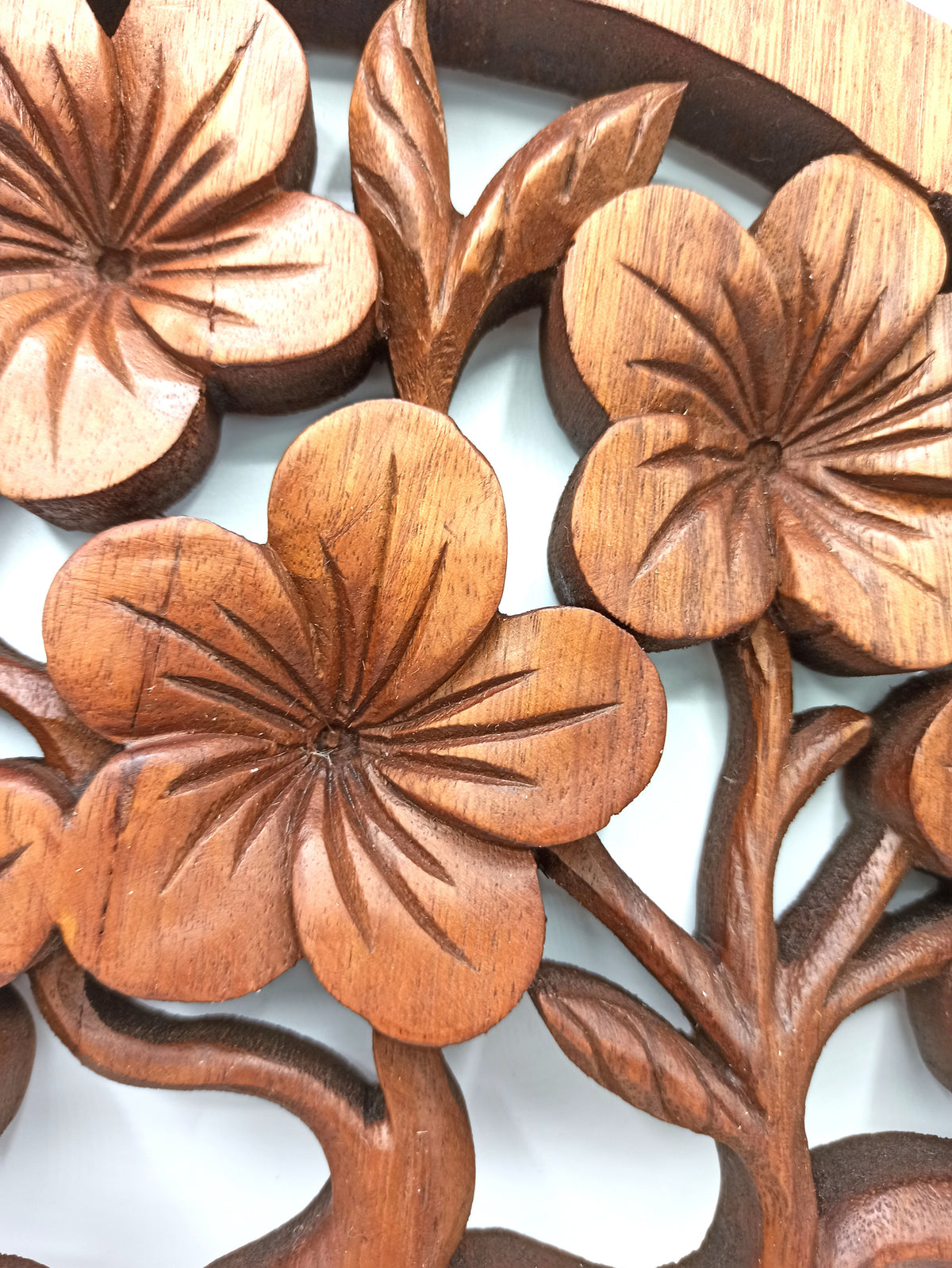 Tree of Life and Frangipani - 40cm - Handmade Suar Wood Plaque showing a close-up of layered flowers, leaves and branches by Quintessential Holistic Health Ltd