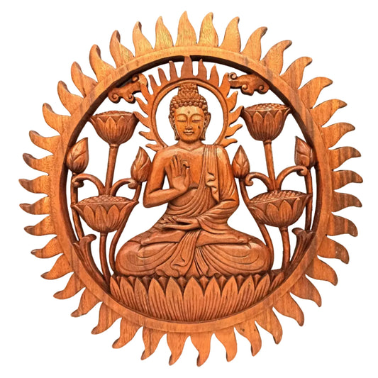 Buddha and Lotus Flower - 40cm - Handmade Decorative Suar Wooden Plaque - main product image from Quintessential Holistic Health Ltd UK