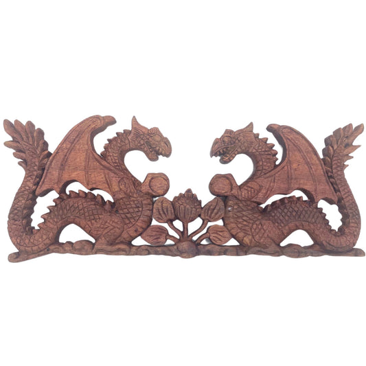Two Facing Dragons - 40cm - Handmade Decorative Suar Wooden Plaque - main product image from Quintessential Holistic Health Ltd UK