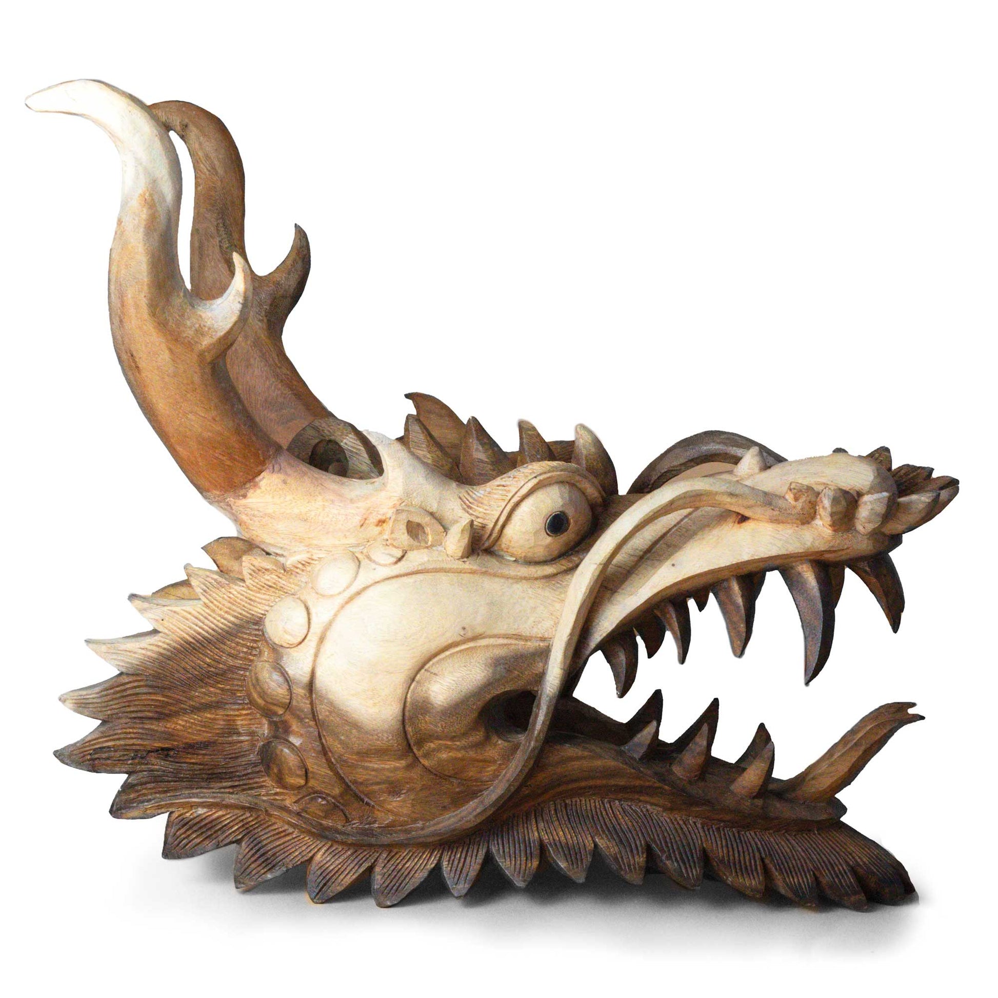 Hand-Carved Suar Wood Life-Size Dragons Head product packaging on clean background from Quintessential Holistic Health Ltd