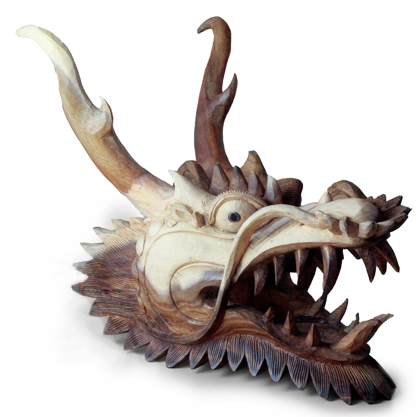 Hand-Carved Suar Wood Life-Size Dragons Head product packaging on clean background from Quintessential Holistic Health Ltd