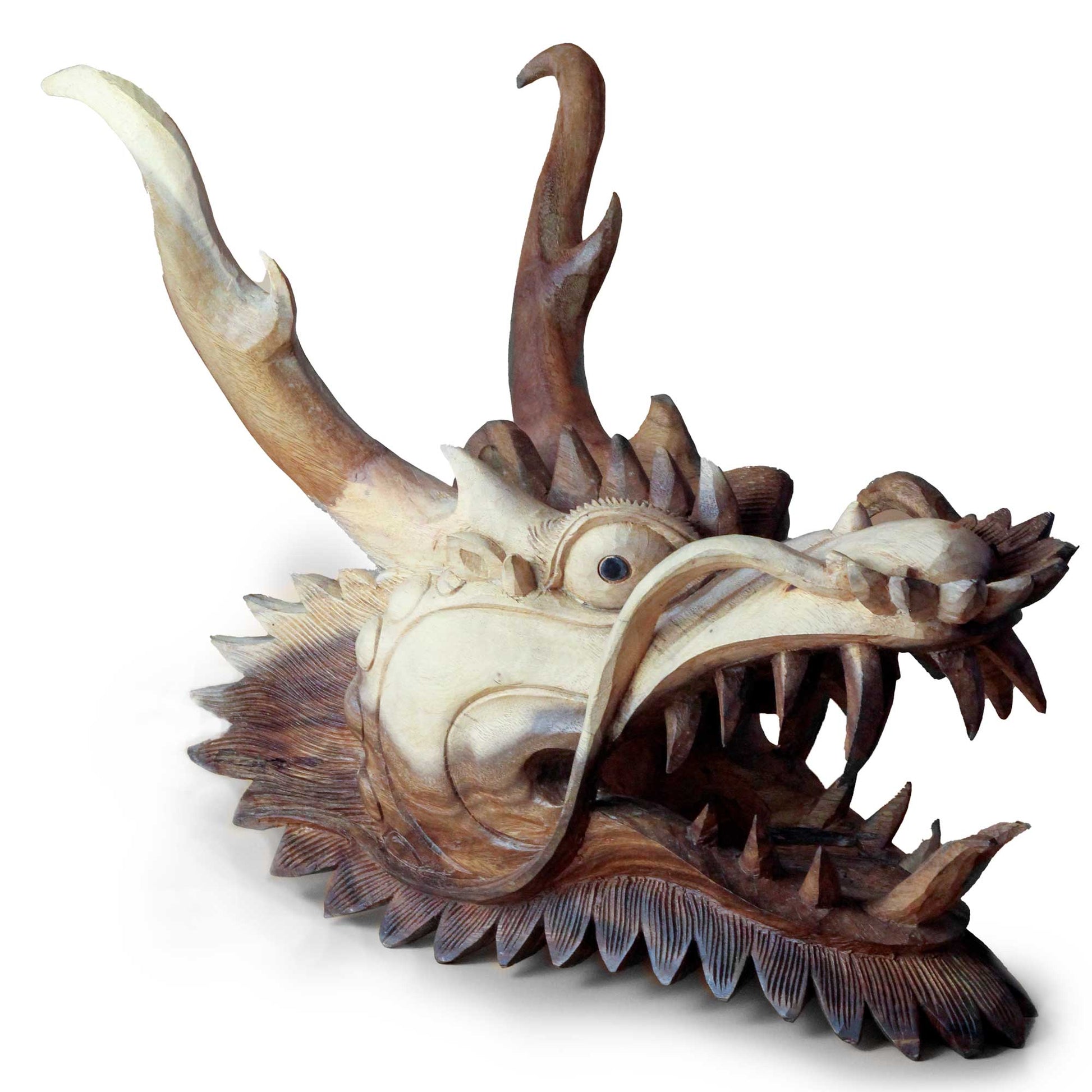 Hand-Carved Suar Wood Life-Size Dragons Head product packaging on clean background from Quintessential Holistic Health Ltd