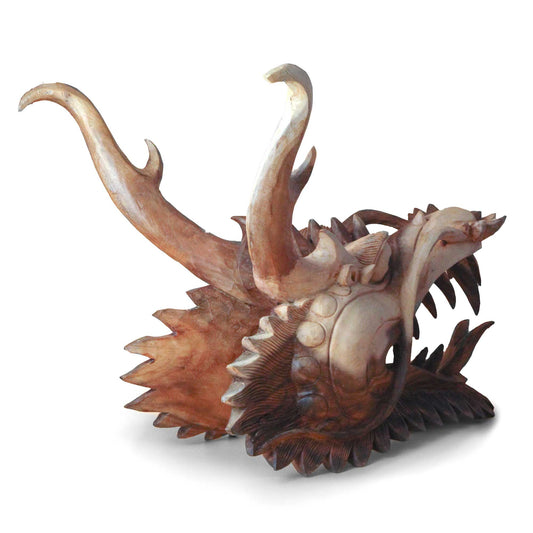 Hand-Carved Suar Wood Life-Size Dragons Head product packaging on clean background from Quintessential Holistic Health Ltd