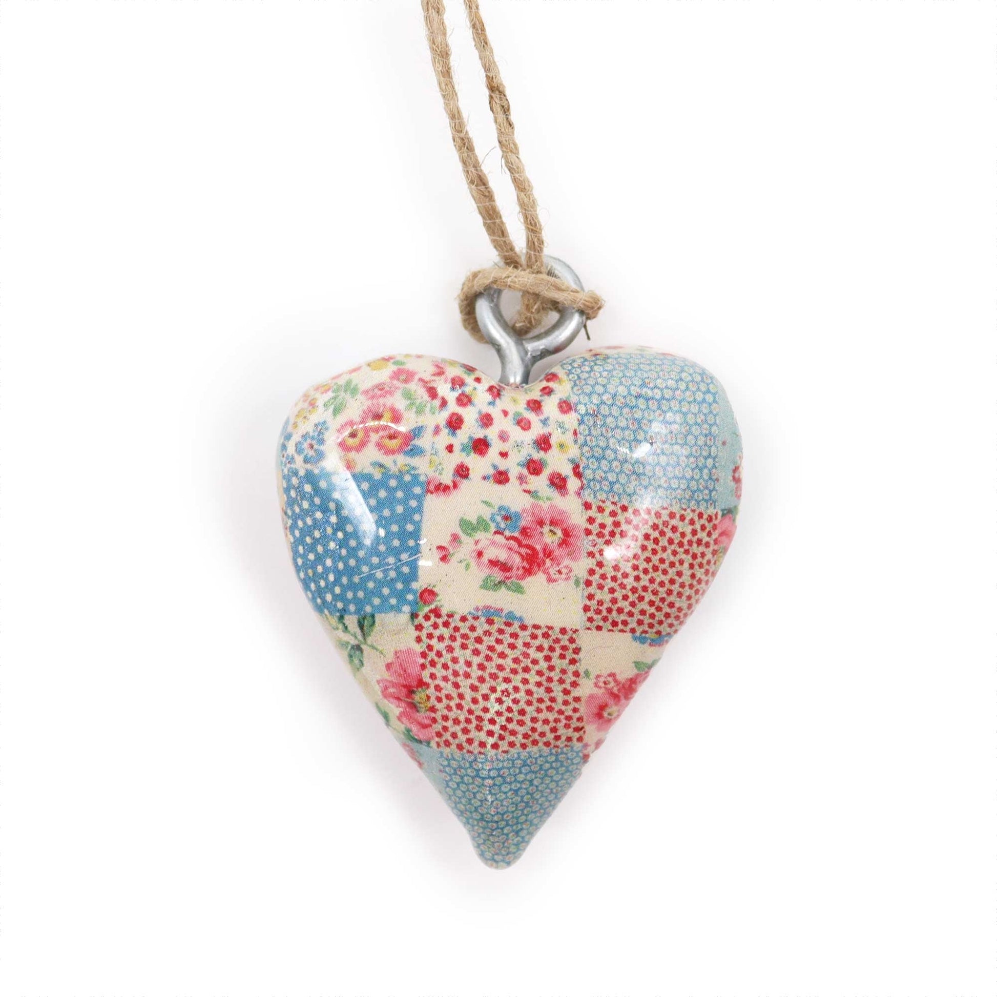 Handmade Wooden Decorative Hanging Heart - Small / Blue and Red Quilt product packaging on clean background from Quintessential Holistic Health Ltd