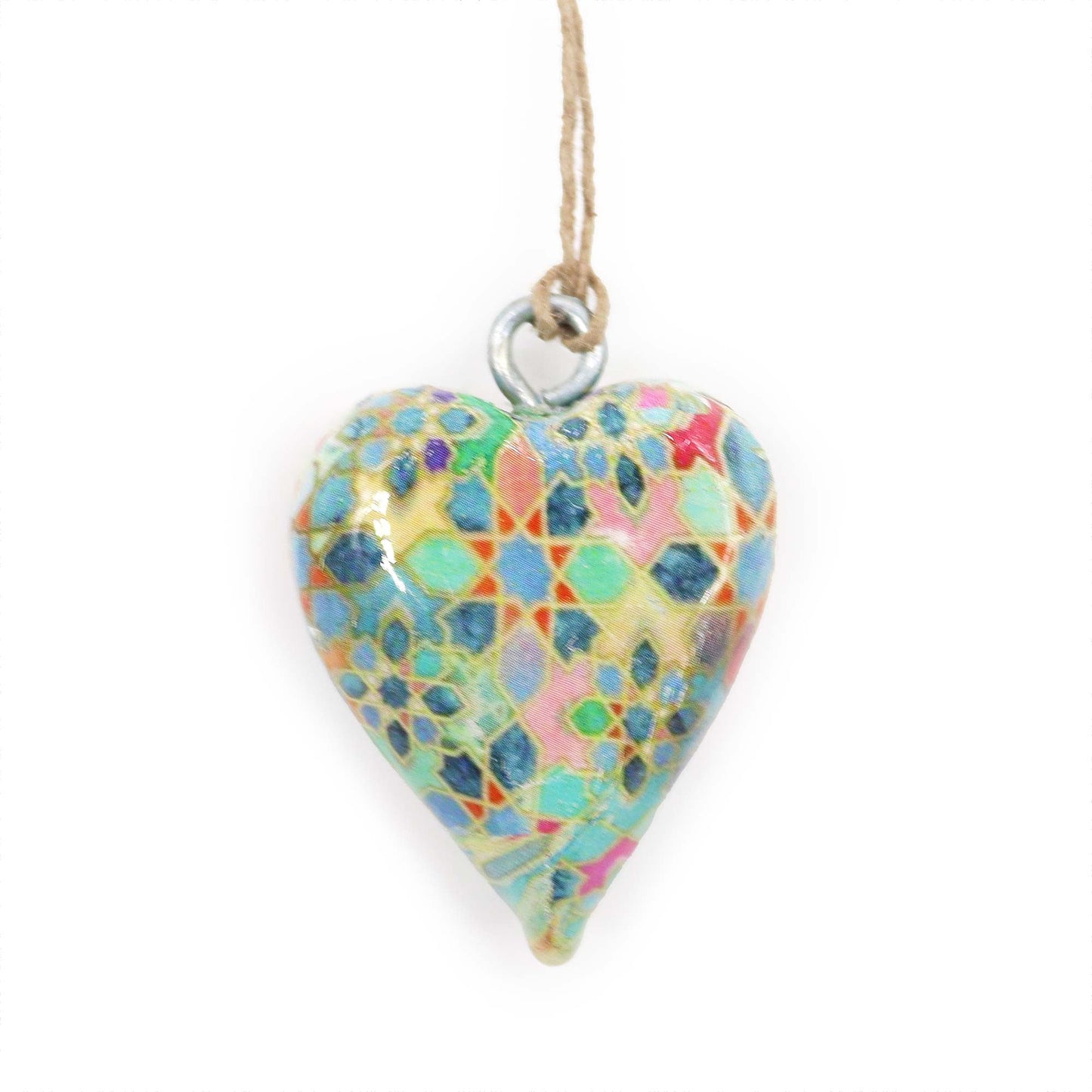 Handmade Wooden Decorative Hanging Heart - Small / Mediterranean Tile Pattern product packaging on clean background from Quintessential Holistic Health Ltd