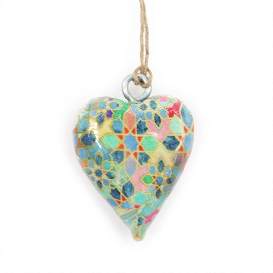 Handmade Wooden Decorative Hanging Heart - Small / Mediterranean Tile Pattern product packaging on clean background from Quintessential Holistic Health Ltd