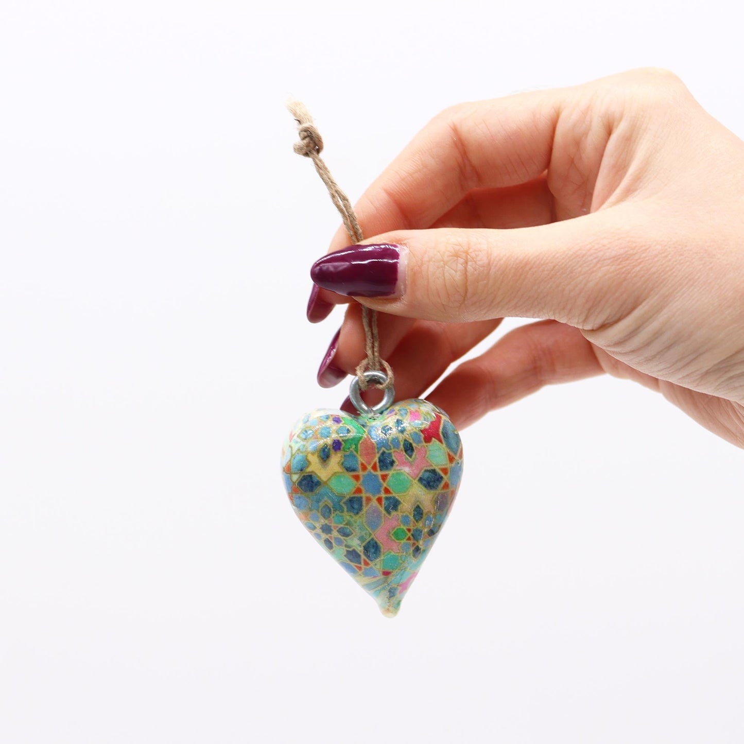 Handmade Wooden Decorative Hanging Heart - Small / Mediterranean Tile Pattern product packaging on clean background from Quintessential Holistic Health Ltd