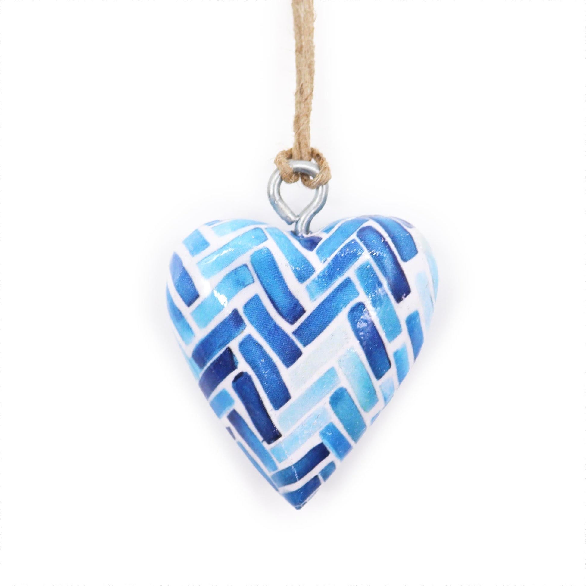Handmade Wooden Decorative Hanging Heart - Small / Blue Stripes product packaging on clean background from Quintessential Holistic Health Ltd