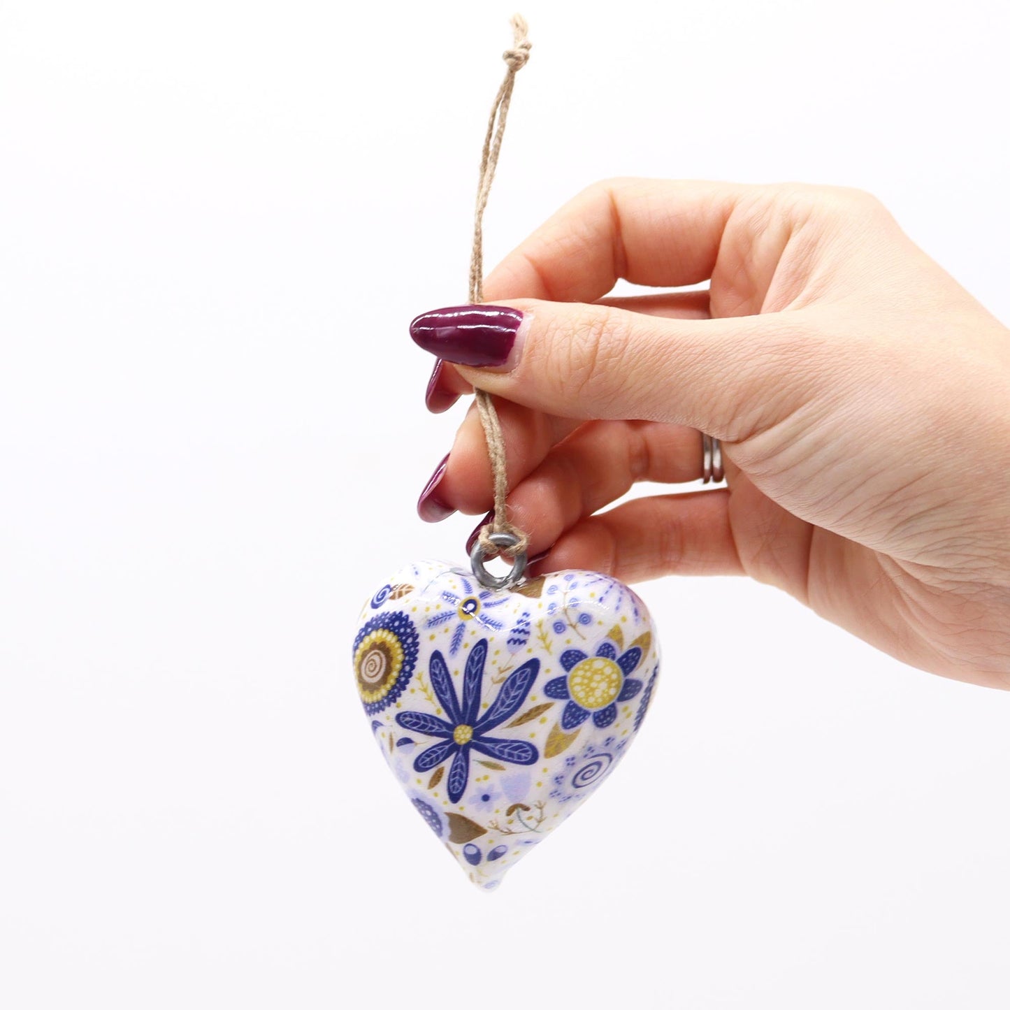 Handmade Wooden Decorative Hanging Heart - Large / Blue Floral product packaging on clean background from Quintessential Holistic Health Ltd