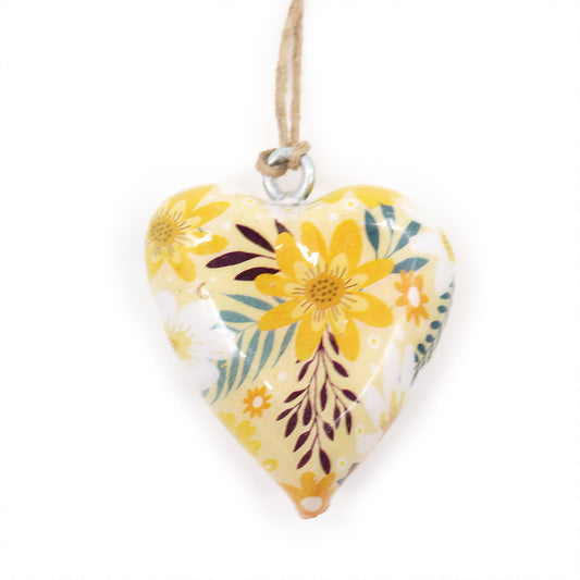 Handmade Wooden Decorative Hanging Heart - Large / Yellow Floral product packaging on clean background from Quintessential Holistic Health Ltd