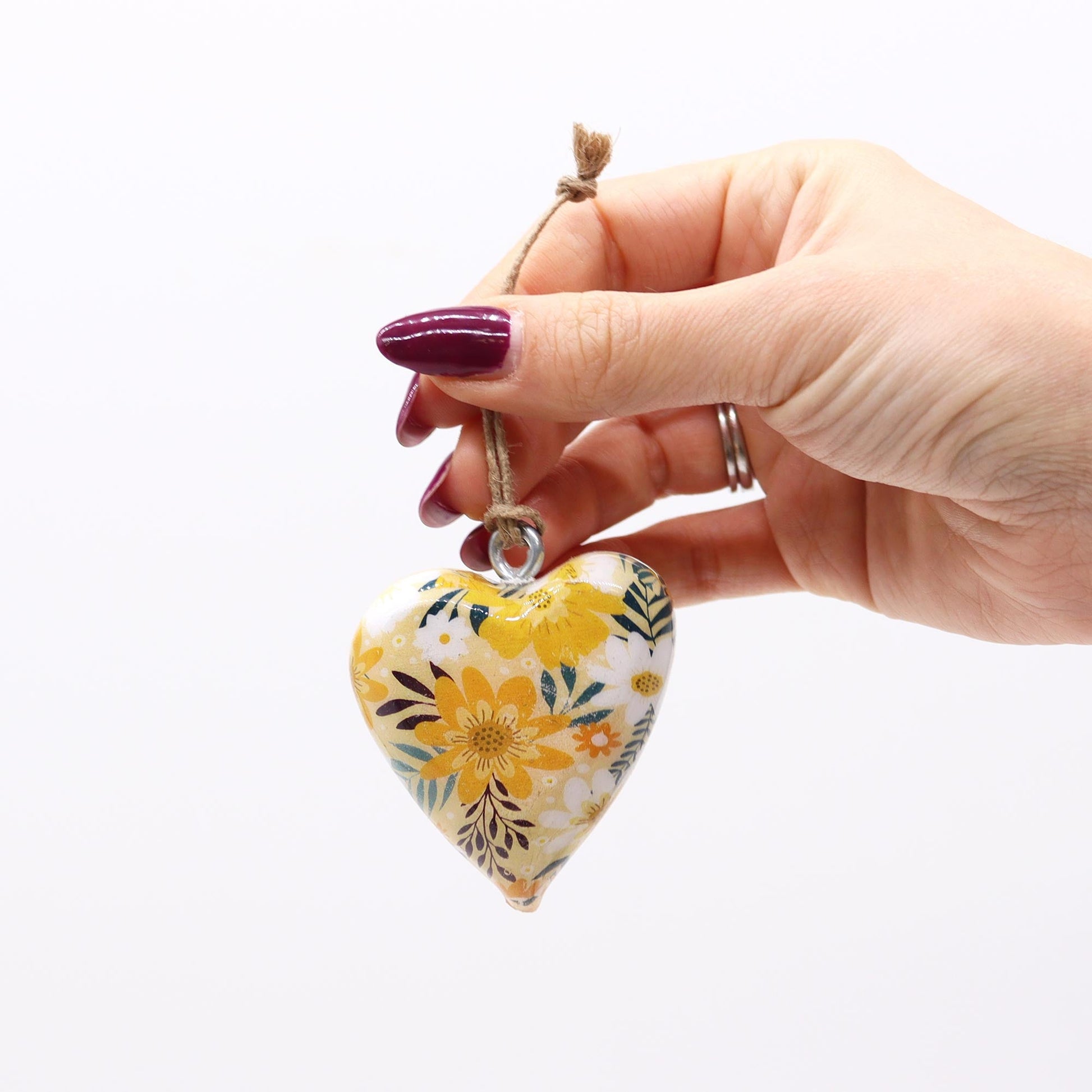 Handmade Wooden Decorative Hanging Heart - Large / Yellow Floral product packaging on clean background from Quintessential Holistic Health Ltd