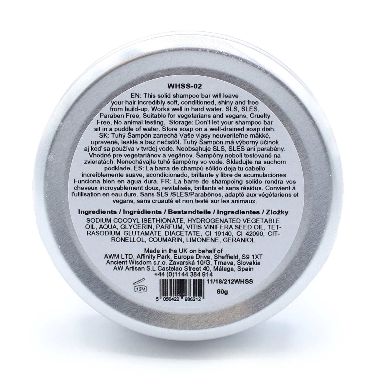 Wild Hare 60g Vegan Shampoo & Conditioner Bar - Aloe Vera, round silver tin displaying a densely printed rear label and barcode by Quintessential Holistic Health Ltd