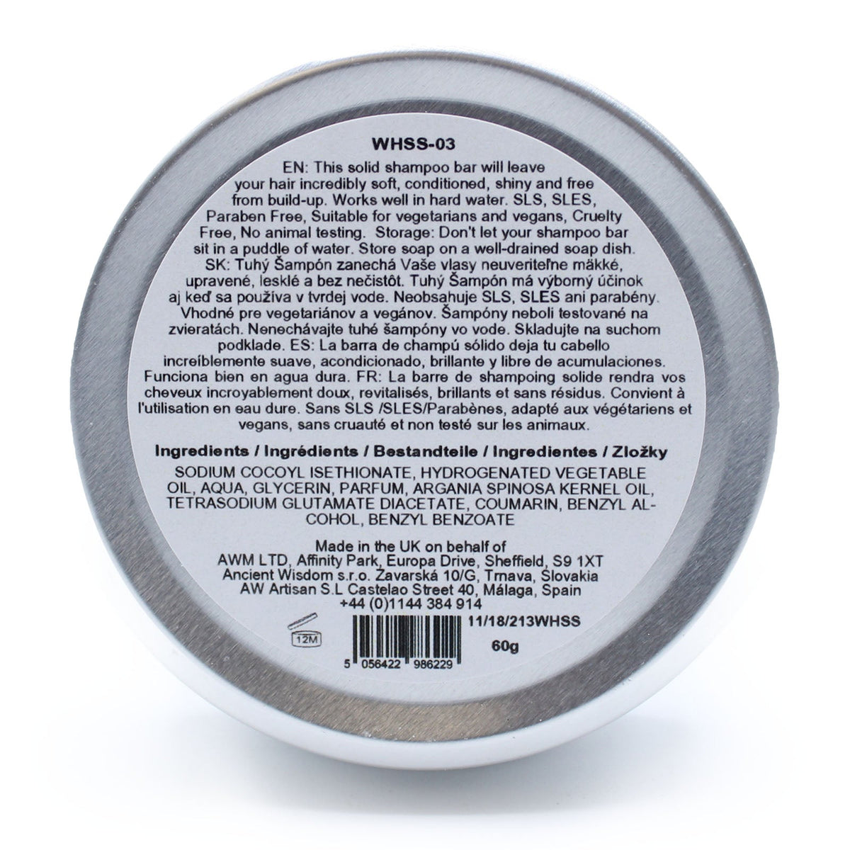 60g Vegan-Friendly Shampoo & Conditioner Bar - Hairy Coconut, round silver tin displaying a densely printed rear label and barcode by Quintessential Holistic Health Ltd