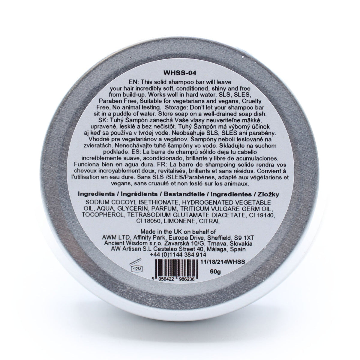 60g Vegan-Friendly Shampoo & Conditioner Bar - Tutti Frutti, round silver tin displaying a densely printed rear label and barcode by Quintessential Holistic Health Ltd
