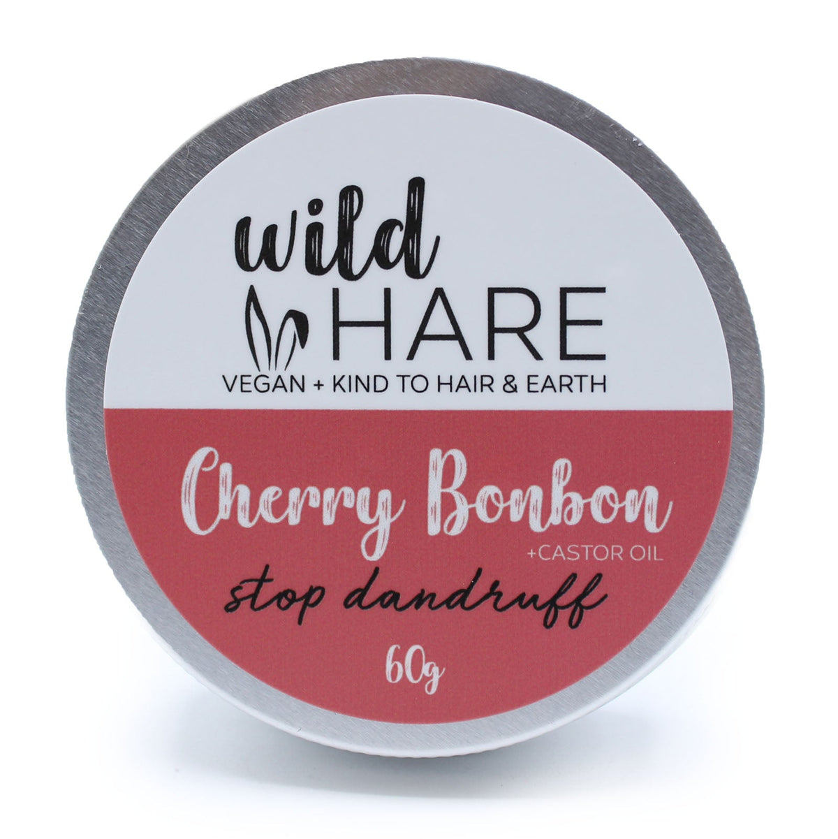 Wild Hare 60g Vegan Shampoo & Conditioner Bar - Cherry Bonbon, round tin with a grey, white and red front label by Quintessential Holistic Health Ltd