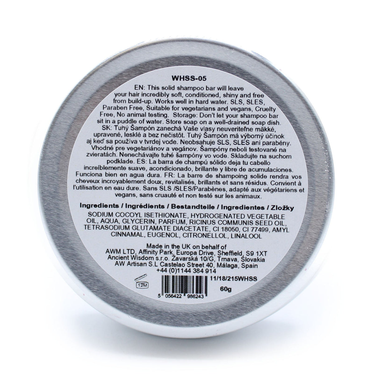 Wild Hare 60g Vegan Shampoo & Conditioner Bar - Cherry Bonbon, round silver tin displaying a densely printed rear label and barcode by Quintessential Holistic Health Ltd