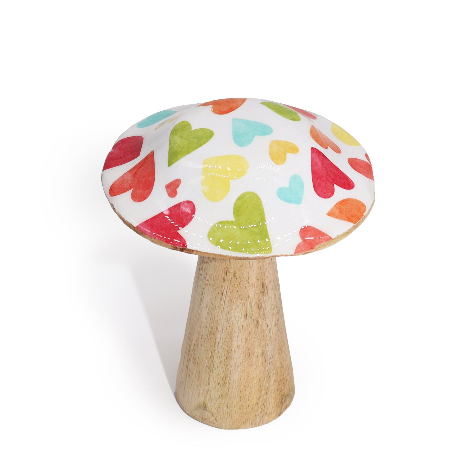 Handcrafted Enamel Wooden Mushroom - Small / Pastel Hearts product packaging on clean background from Quintessential Holistic Health Ltd