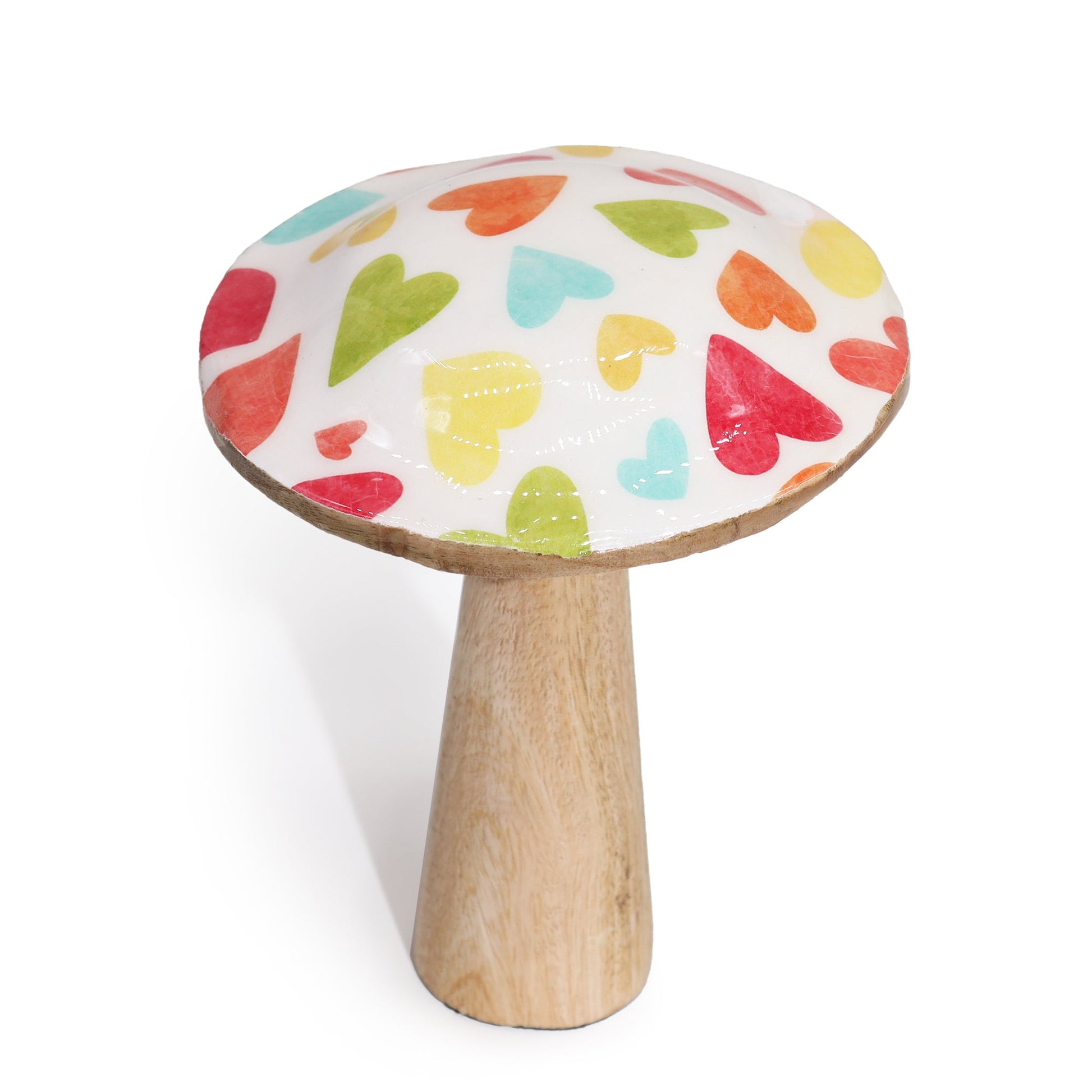 Handcrafted Enamel Wooden Mushroom - Medium / Pastel Hearts product packaging on clean background from Quintessential Holistic Health Ltd