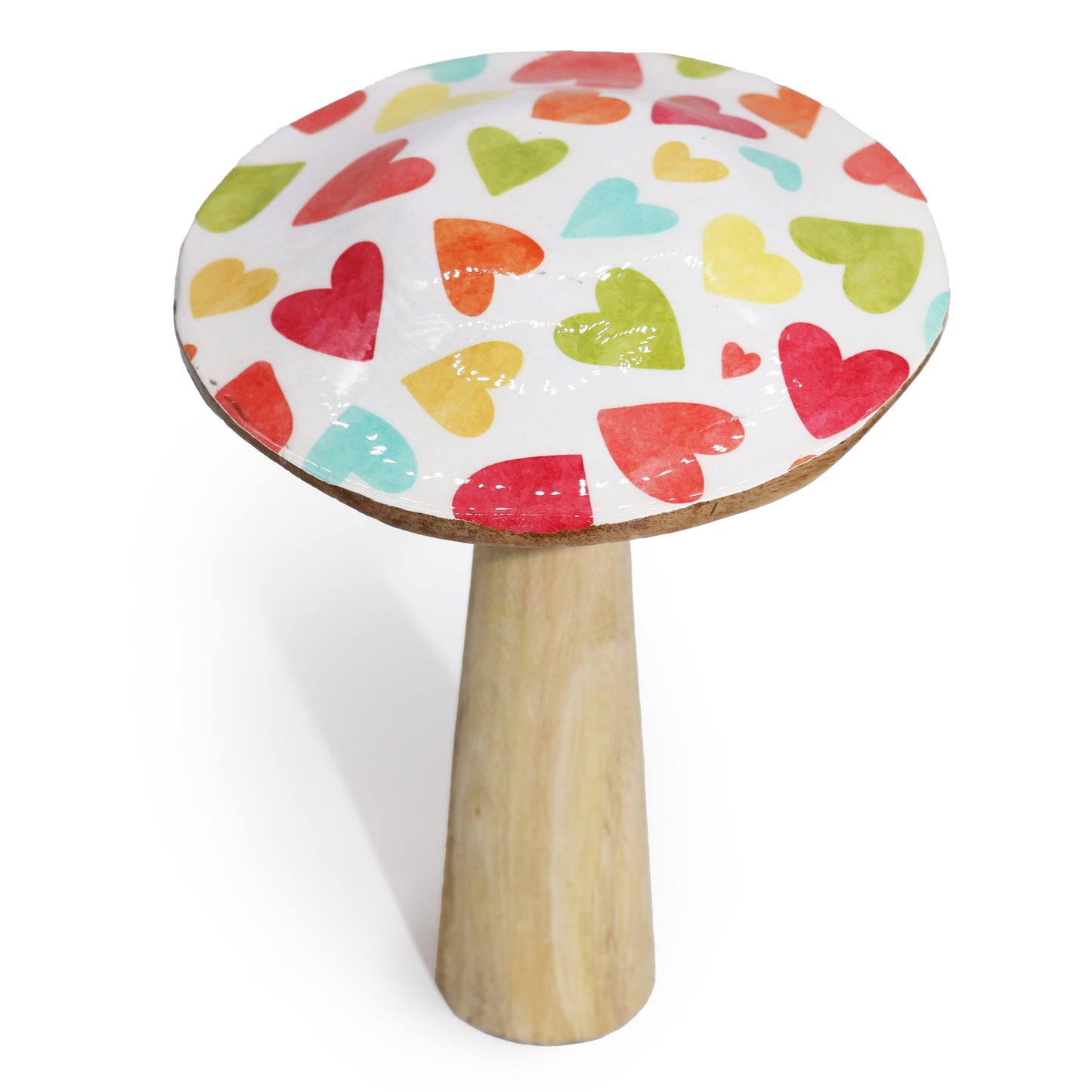 Handcrafted Enamel Wooden Mushroom - Large / Pastel Hearts product packaging on clean background from Quintessential Holistic Health Ltd