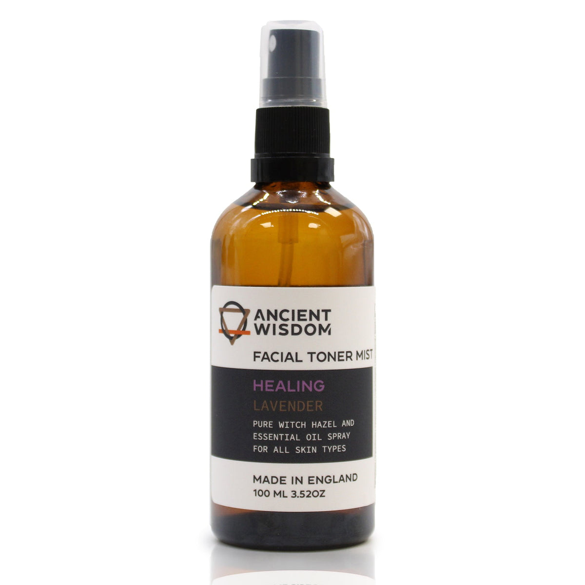100ml Vegan-Friendly Witch Hazel Facial Toner Mist - Lavender in an upright amber spray bottle with a white, black and pink label by Quintessential Holistic Health Ltd