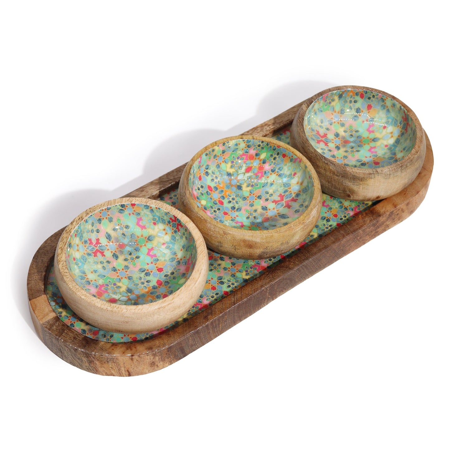 Mango Wood Tray and Bowl Set - Mediterranean Green product packaging on clean background from Quintessential Holistic Health Ltd