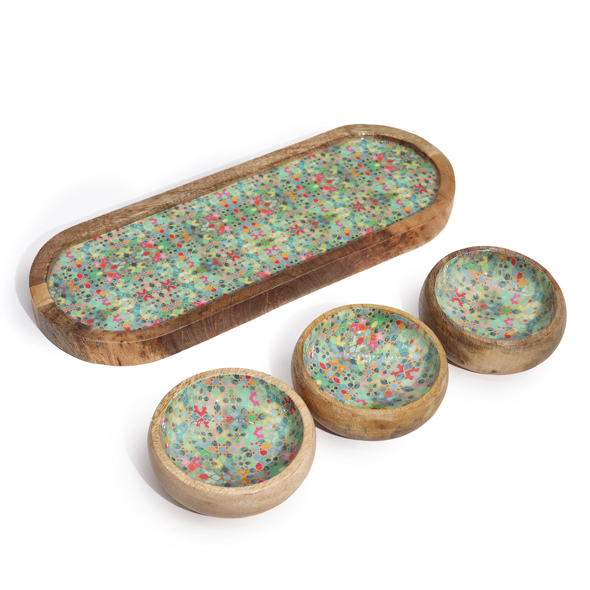 Mango Wood Tray and Bowl Set - Mediterranean Green product packaging on clean background from Quintessential Holistic Health Ltd
