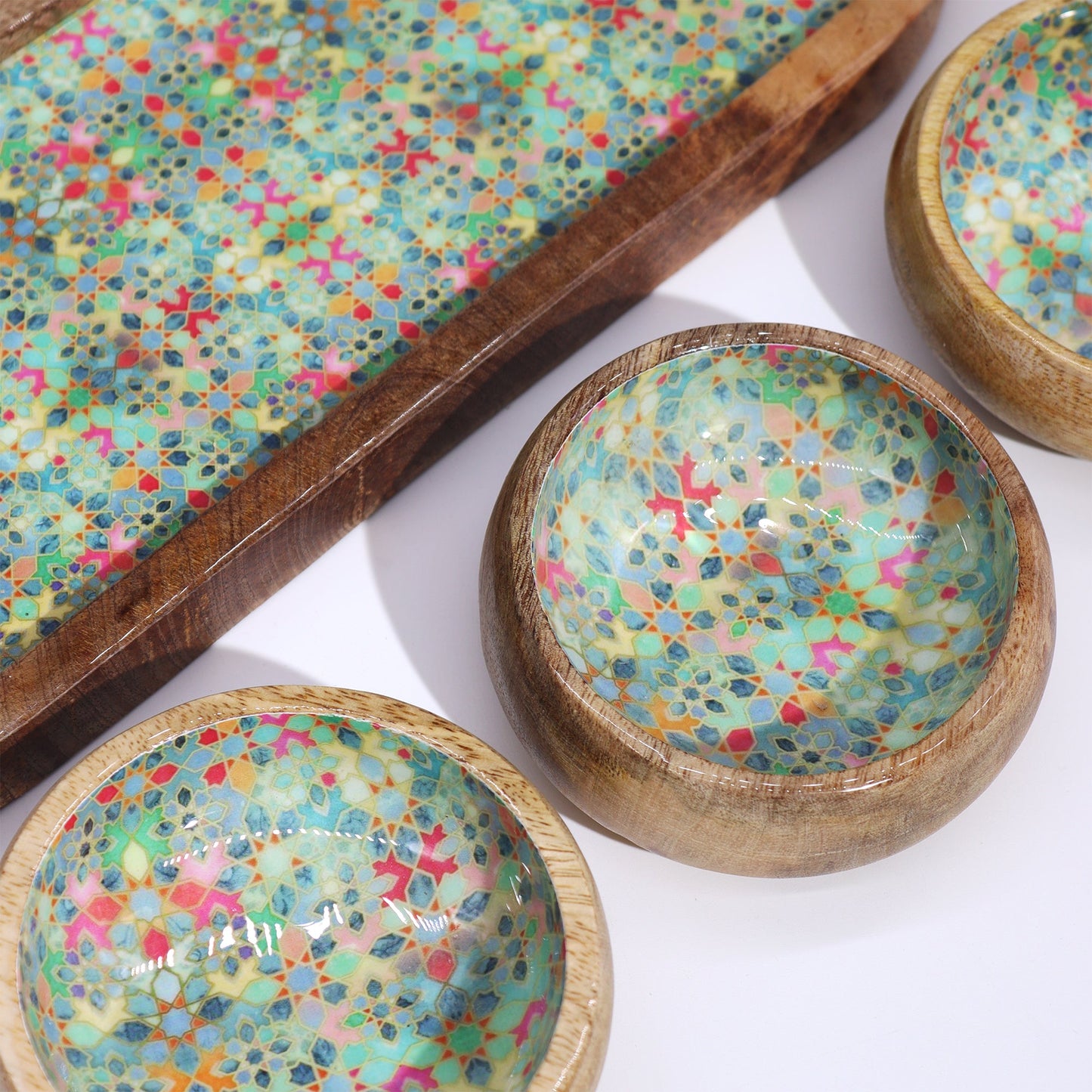 Mango Wood Tray and Bowl Set - Mediterranean Green product packaging on clean background from Quintessential Holistic Health Ltd