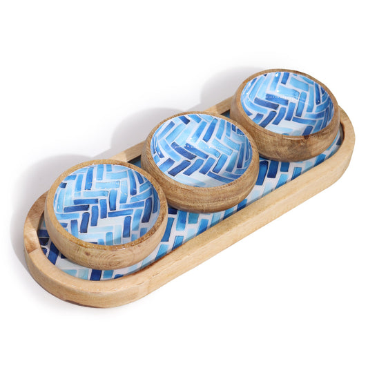 Mango Wood Tray and Bowl Set - Blue Stripes - main product image from Quintessential Holistic Health Ltd UK