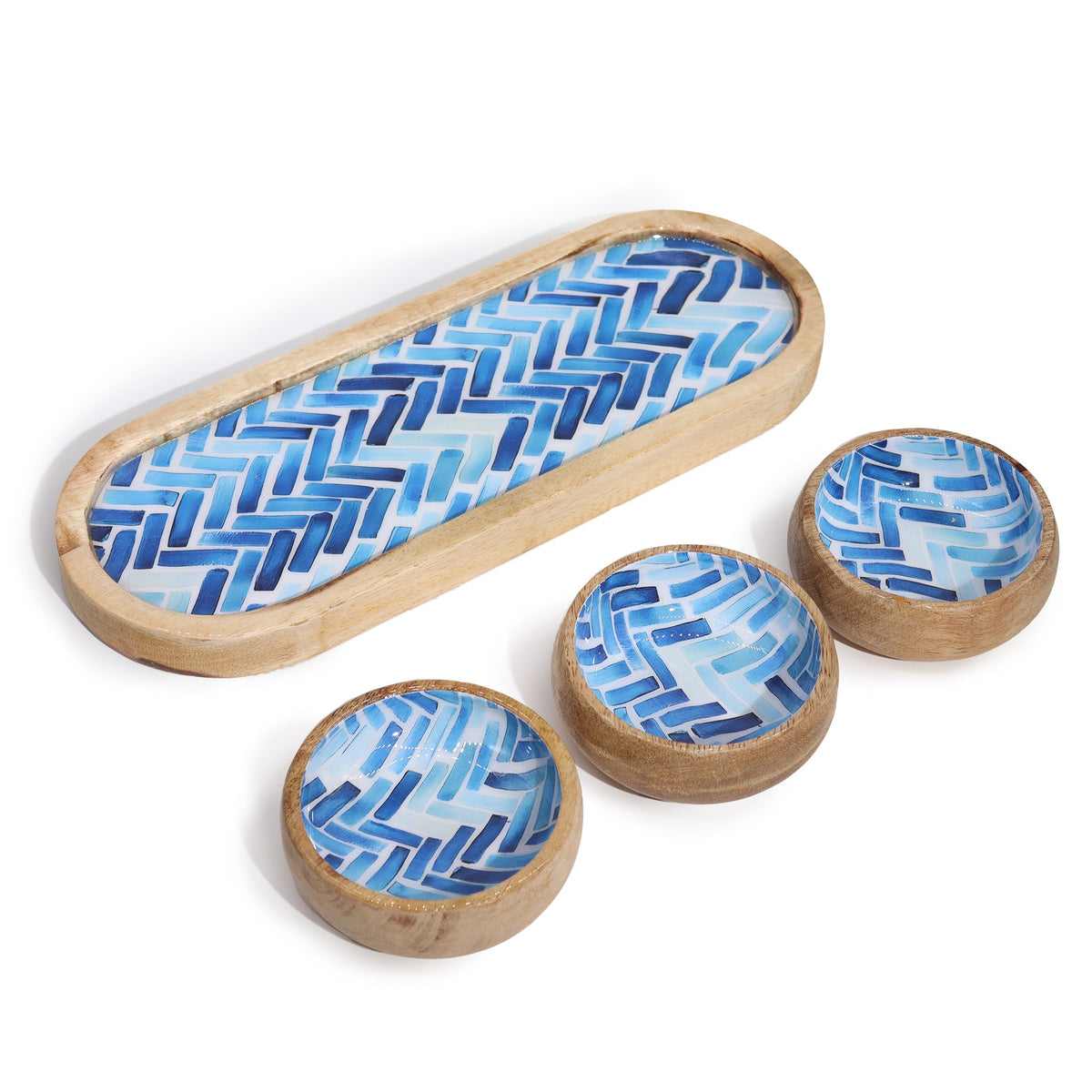 Mango Wood Tray with 3 Bowls - Blue Stripes, oval patterned tray and three round bowls displayed separately, by Quintessential Holistic Health Ltd