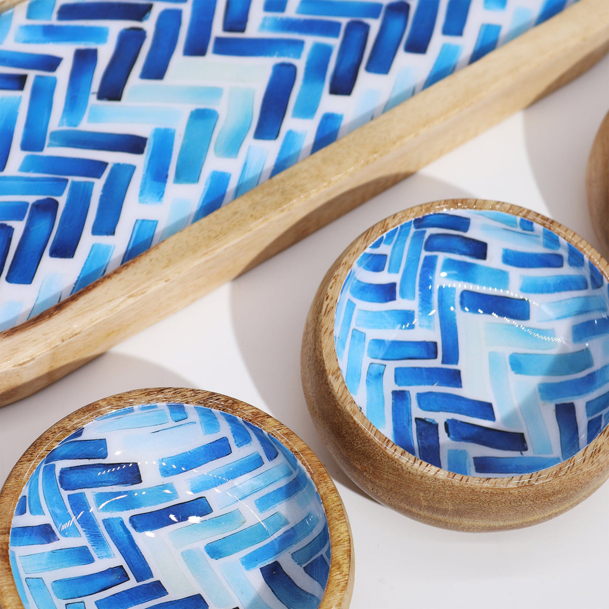 Mango Wood Tray with 3 Bowls - Blue Stripes, close-up of the blue-and-white geometric patterns on the tray and bowls, by Quintessential Holistic Health Ltd