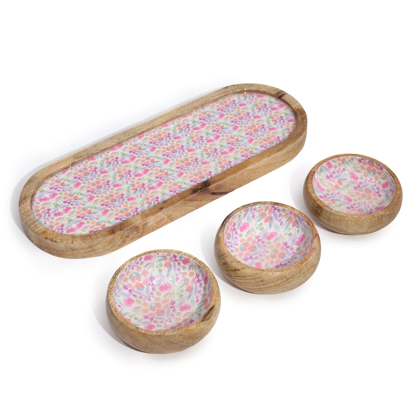 Mango Wood Tray and Bowl Set - Floral Pink product packaging on clean background from Quintessential Holistic Health Ltd