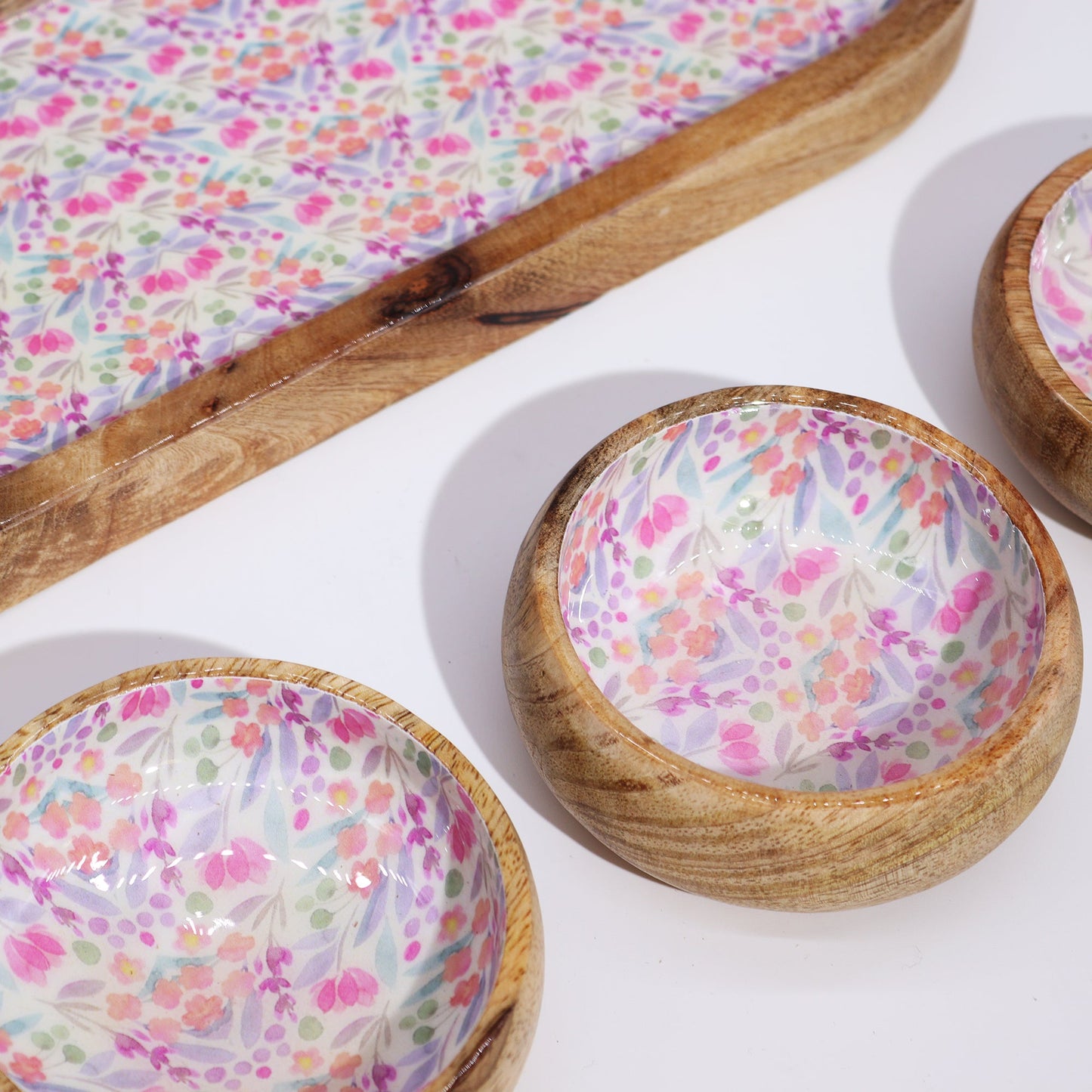Mango Wood Tray and Bowl Set - Floral Pink product packaging on clean background from Quintessential Holistic Health Ltd