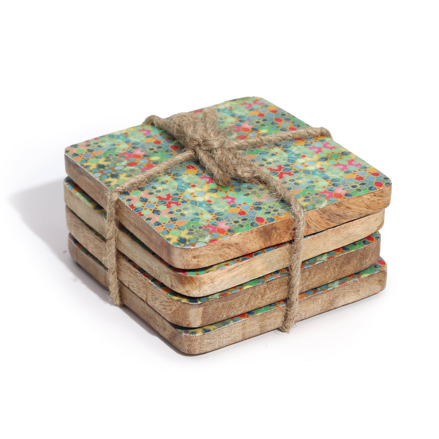 Mango Wood Coasters Set of 4 - Mediterranean Green product packaging on clean background from Quintessential Holistic Health Ltd