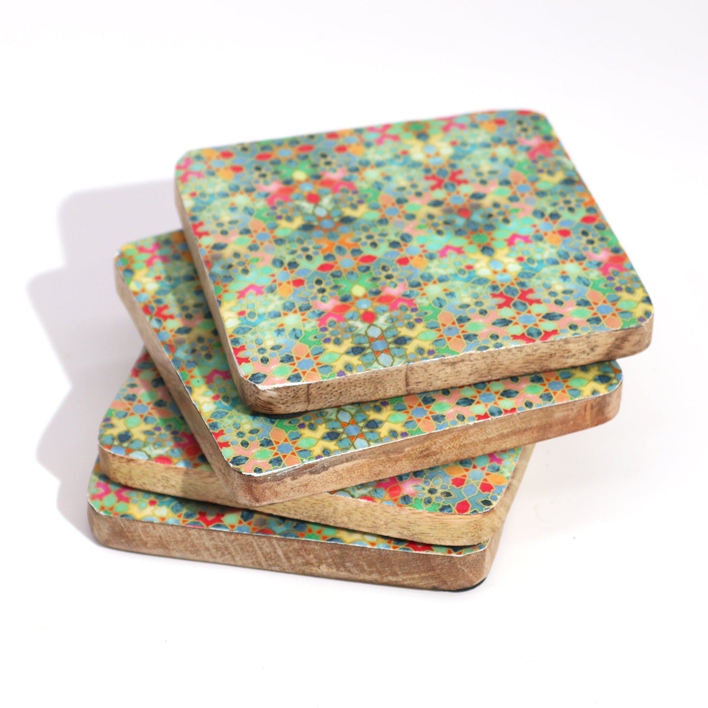 Mango Wood Coasters Set of 4 - Mediterranean Green product packaging on clean background from Quintessential Holistic Health Ltd