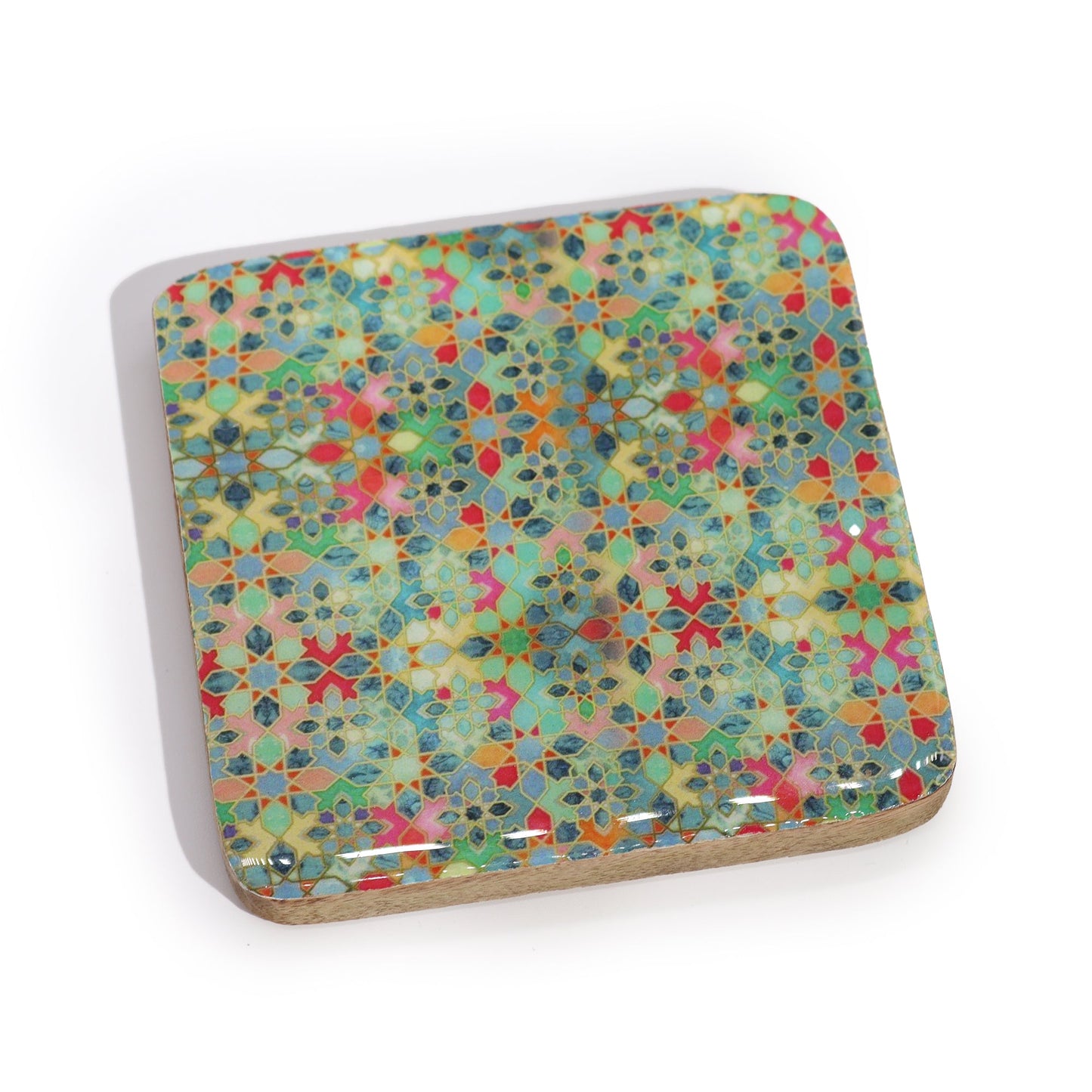 Mango Wood Coasters Set of 4 - Mediterranean Green product packaging on clean background from Quintessential Holistic Health Ltd