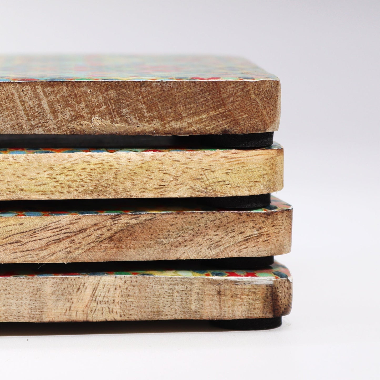 Mango Wood Coasters Set of 4 - Mediterranean Green product packaging on clean background from Quintessential Holistic Health Ltd