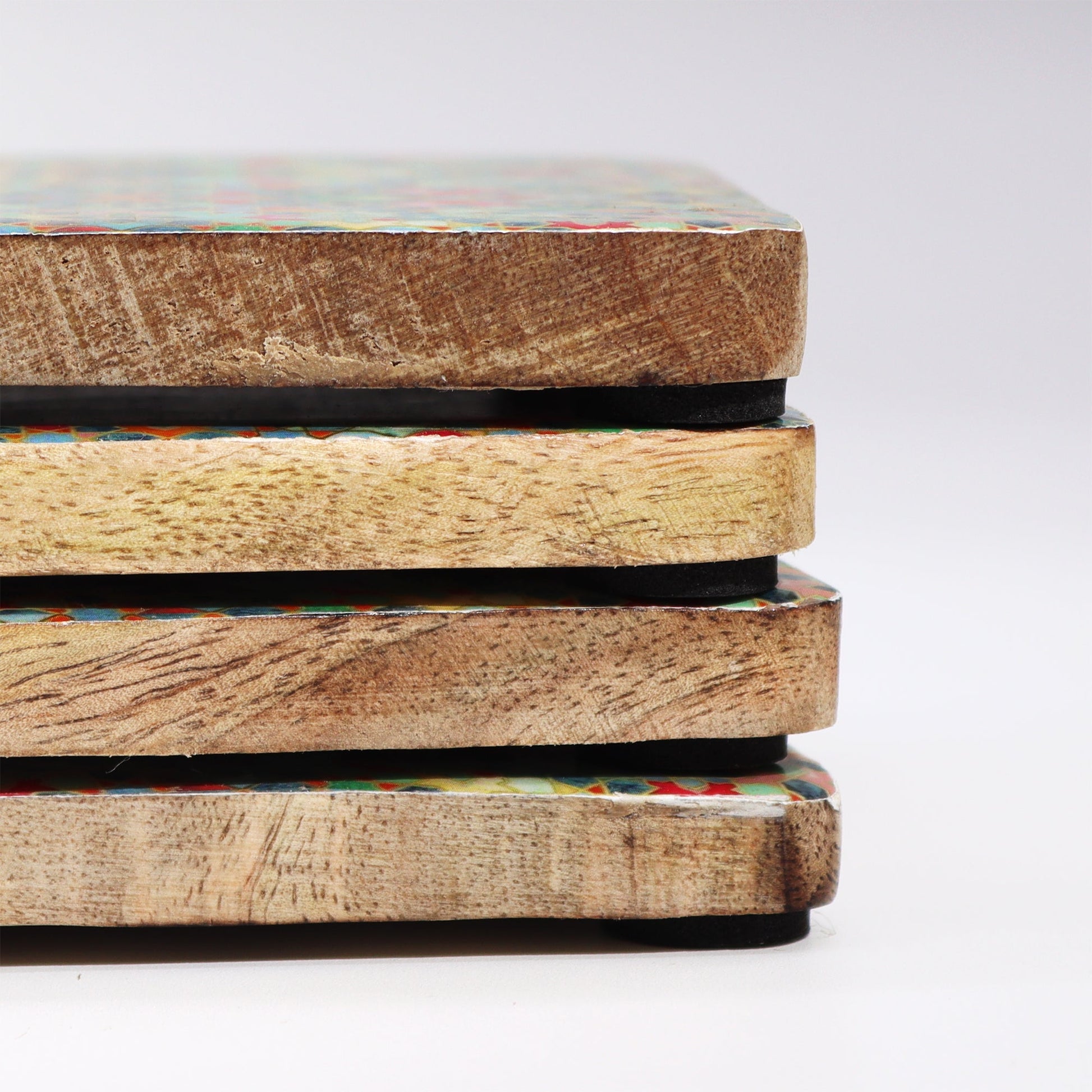 Mango Wood Coasters Set of 4 - Mediterranean Green product packaging on clean background from Quintessential Holistic Health Ltd