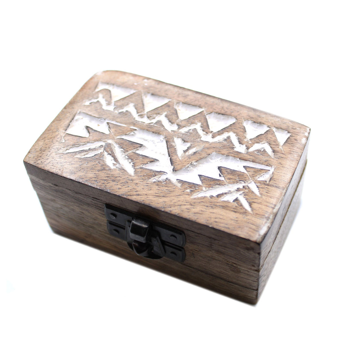 Mango Wood Keepsake Box - Small - Whitewash - Slavic Design, closed box with bold white zigzag and arrow-like motifs on the lid by Quintessential Holistic Health Ltd
