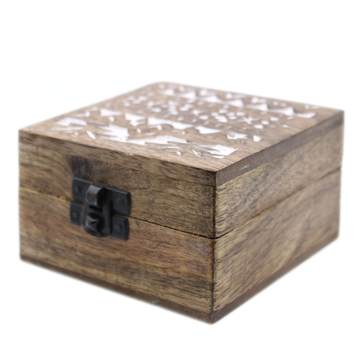Mango Wood Keepsake Box - Medium - Whitewash - Slavic Design, closed square box with a dense white lid pattern and dark front clasp by Quintessential Holistic Health Ltd