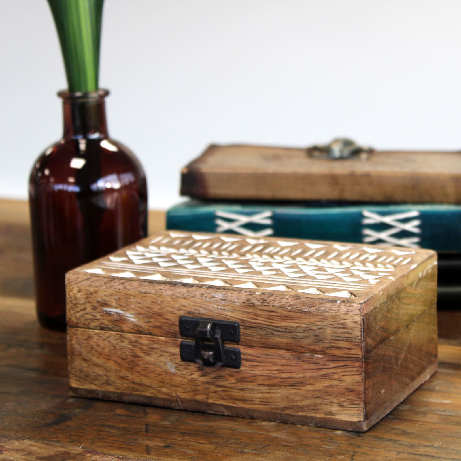Hand Carved Mango Wood Vintage Style Keepsake Box - Large / Whitewash / Slavic Design product packaging on clean background from Quintessential Holistic Health Ltd