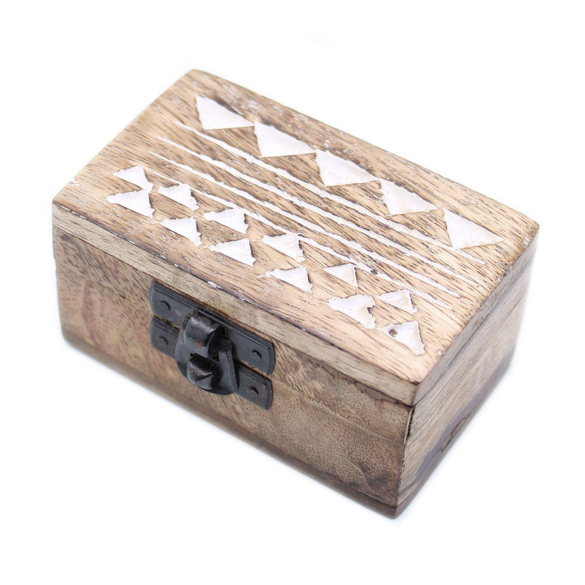 Mango Wood Keepsake Box - Small - Whitewash - Aztec Design, closed box with white triangles across the lid and a dark decorative clasp by Quintessential Holistic Health Ltd