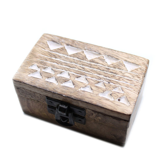 Hand Carved Mango Wood Vintage Style Keepsake Box - Small - Whitewash - Aztec Design - main product image from Quintessential Holistic Health Ltd UK