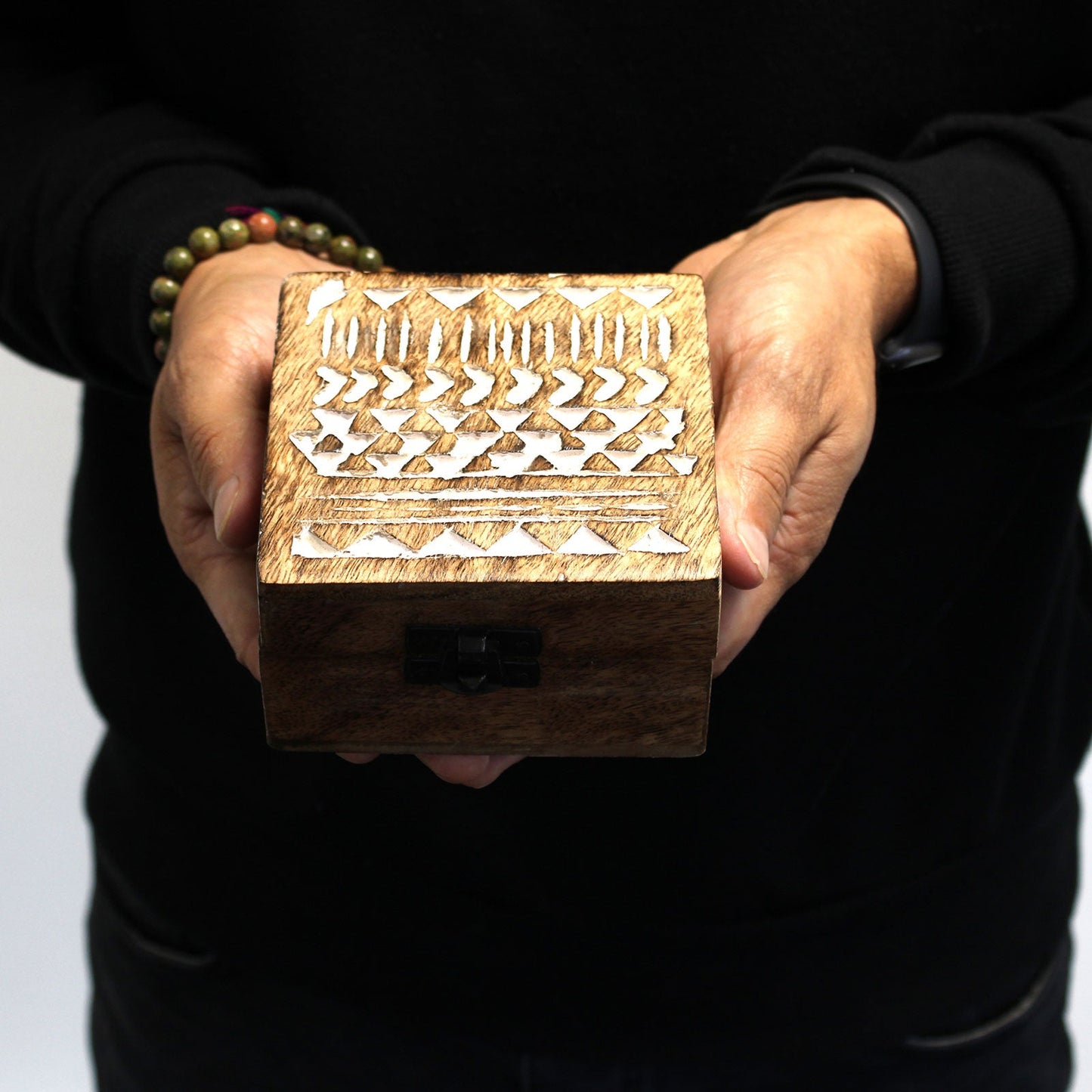 Hand Carved Mango Wood Vintage Style Keepsake Box - Medium / Whitewash / Aztec Design product packaging on clean background from Quintessential Holistic Health Ltd