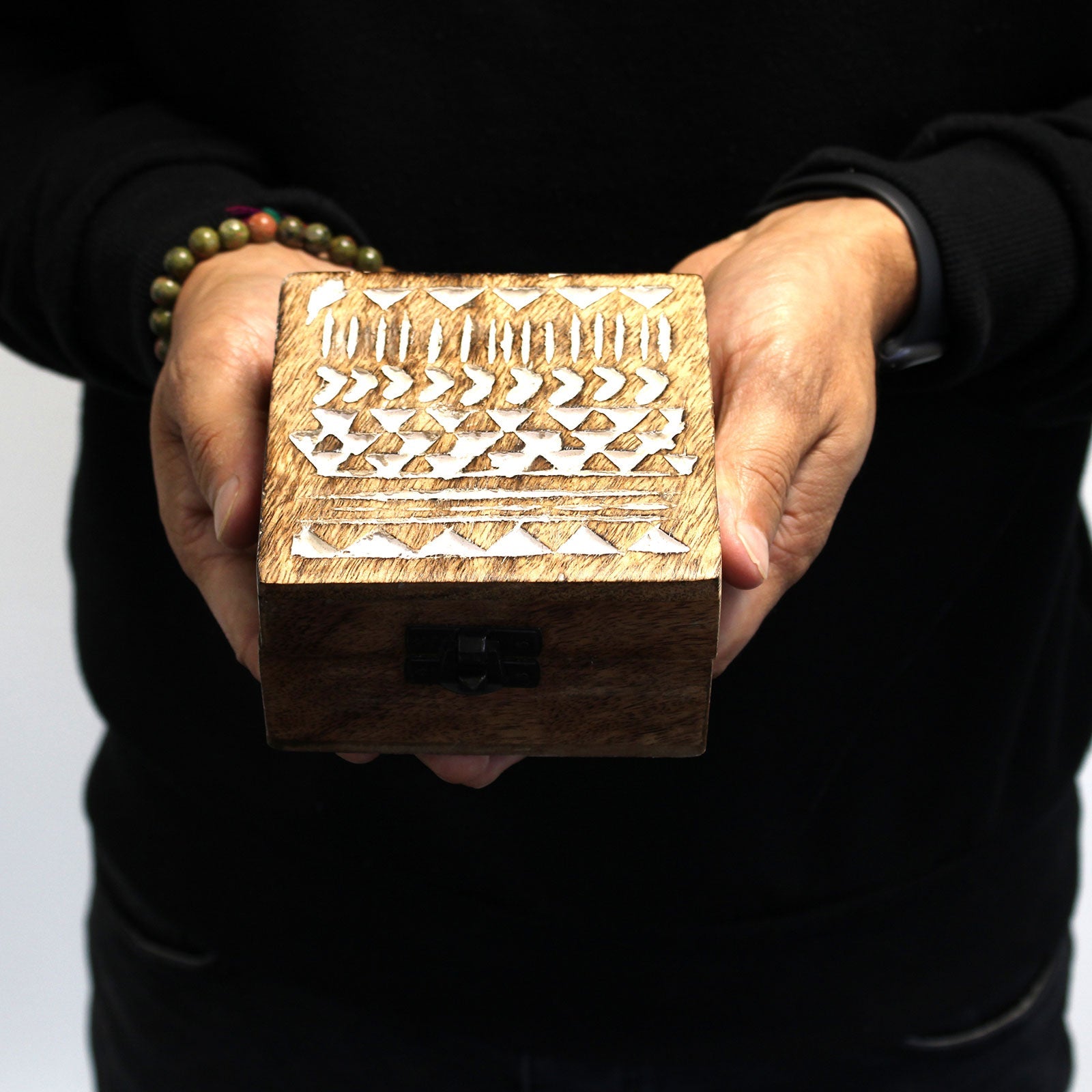 Hand Carved Mango Wood Vintage Style Keepsake Box - Medium / Whitewash / Aztec Design product packaging on clean background from Quintessential Holistic Health Ltd