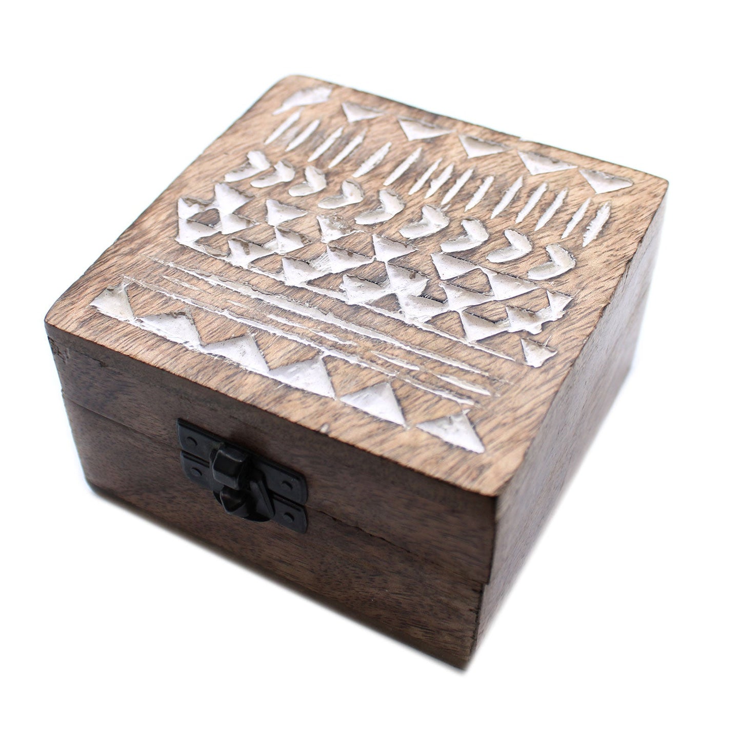 Hand Carved Mango Wood Vintage Style Keepsake Box - Medium / Whitewash / Aztec Design product packaging on clean background from Quintessential Holistic Health Ltd